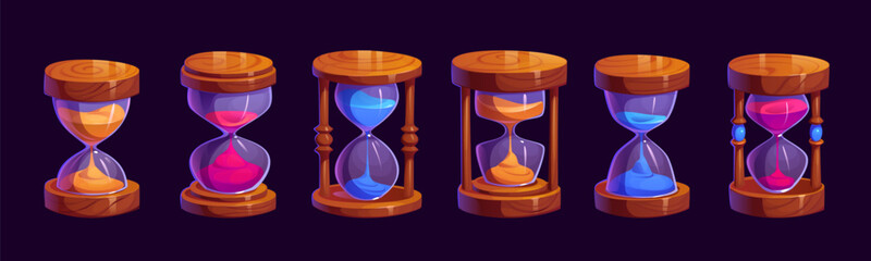 Cartoon game sandglass or hourglass with wooden frame and colorful falling pink, blue and orange sand. Vector sandclock, whimsical and playful time measuring items, gui elements , fantasy game assets