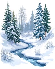 A winding river flows through a snow-covered forest with tall pine trees.