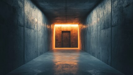 Obraz premium A modern architectural hallway illuminated by an orange glow, leading to a mysterious door, evoking a sense of intrigue.