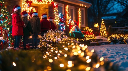 Christmas Lights and People Standing in Front of a Decorated House