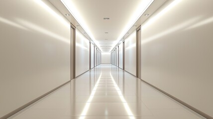 A modern, well-lit corridor featuring minimalist design, sleek surfaces, and a fresh, clean atmosphere perfect for various uses.