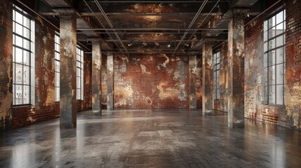 Fototapeta premium Dark industrial style of interior design with grunge walls and brick pillars, loft style, 3d render
