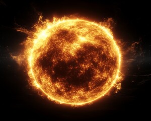 A close-up of the sun, a fiery ball of gas in space.