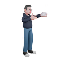 Tech Professional Male. A male programmer stands holding a wifi router in his left hand and his right hand in front of his chest. 3D Programmer Cartoon