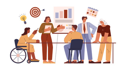 People have business meeting in office, vector disabled employee in wheelchair engaged corporate conversation, teamwork