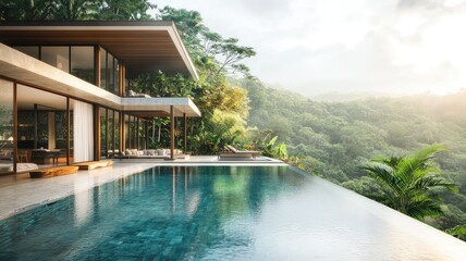Fototapeta premium A modern villa with a stunning infinity pool overlooking lush greenery, perfect for a tranquil escape in nature.
