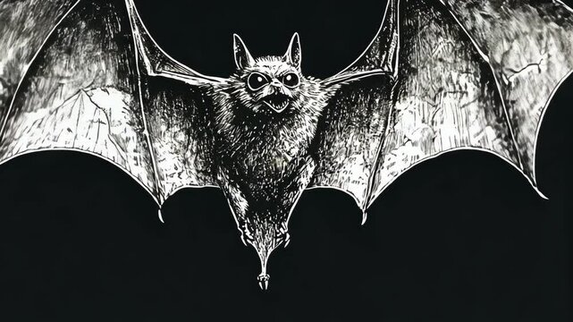 A black and white drawing of a bat with its wings spread wide against a black background