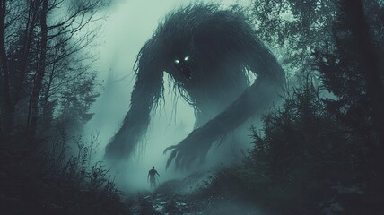 A mysterious giant creature emerges from the foggy forest, creating an eerie and suspenseful atmosphere for any fantasy project.