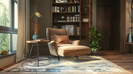 Classic living room interior with coffee table, brown armchair, books and pillows