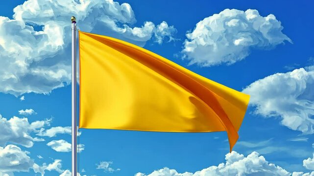 A bright yellow flag waves in the wind against a blue sky with white clouds