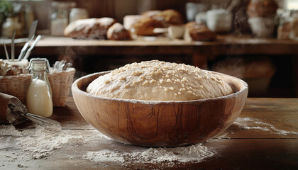 Fototapeta premium A freshly risen dough in a wooden bowl, surrounded by flour and kitchen items, ready for baking.