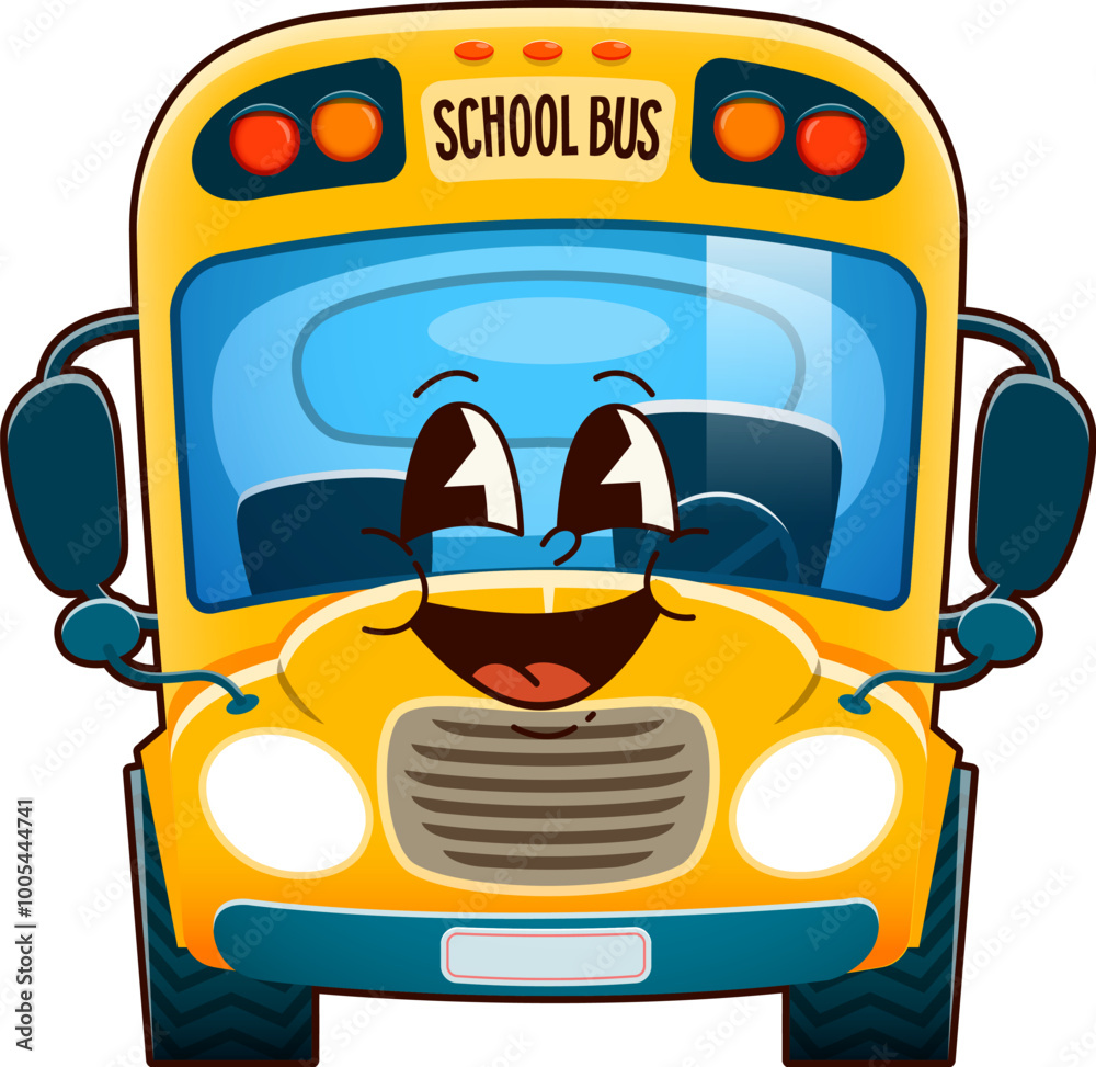 Poster groovy school bus character. isolated cartoon vector yellow schoolbus with happy face and playful ex