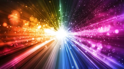 Abstract background with a rainbow of light rays and sparkles.