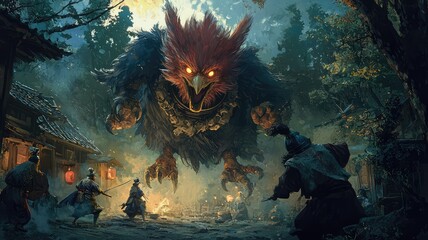 A mythical creature towers over a village, casting an eerie glow amidst a moody twilight setting, invoking fear and awe.