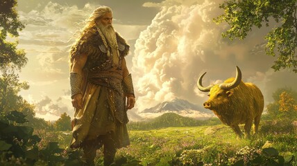 Obraz premium A mythical scene featuring a wise figure and a majestic bull in a vibrant, mystical landscape under dramatic clouds.