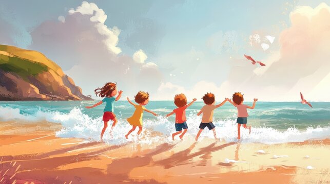 Illustration of children at the beach with soft waves and playful elements capturing the carefree spirit of childhood and exploration of nature