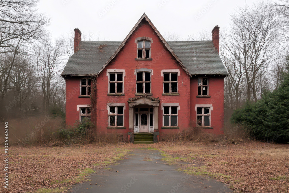 Wall mural abandoned red house with broken windows