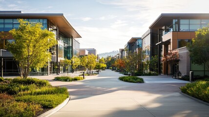 Naklejka premium A paved walkway winds through a modern office park with lush landscaping and clear blue skies.