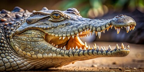 Obraz premium Closeup of a Crocodile's Jaw Open, Sharp Teeth Gleaming in the Sunlight