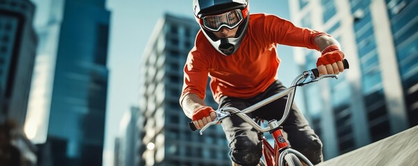 BMX biker in mid-trick, urban environment, capturing the high-energy action and intensity of extreme cycling