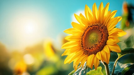 Obraz premium Bright sunflower in a field, vibrant colors against a blue sky.