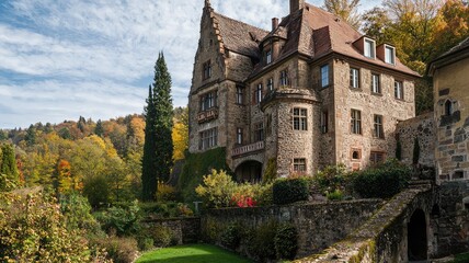 Fototapeta premium A picturesque autumn scene featuring a majestic stone mansion surrounded by vibrant fall foliage and lush greenery.