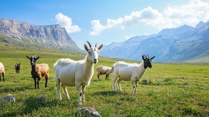 Obraz premium A picturesque landscape featuring a herd of goats grazing in a lush green meadow surrounded by majestic mountains.