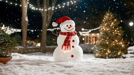 Obraz premium A Charming Snowman Decorated with Holly and a Scarf Bringing Joy to Winter Wonderland