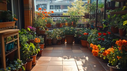 A balcony garden with various potted plants, flowers, and foliage in the sunlight.