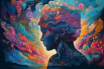 A vibrant silhouette of a person surrounded by colorful abstract forms.