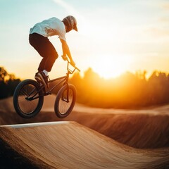 Obraz premium BMX rider flipping over a dirt ramp, sunset glow, capturing the high-energy and thrill of extreme sports