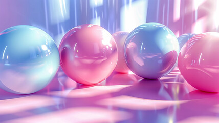 Colorful pastel spheres reflecting light in a serene setting during golden hour