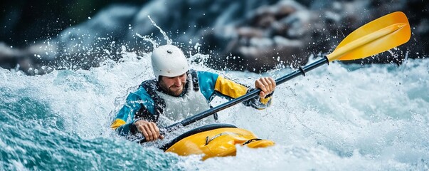 Extreme kayaker navigating white-water rapids, water splashing, showcasing the intense rush and adrenaline of river sports