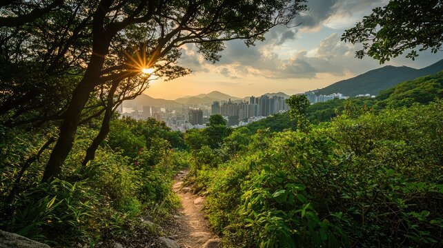 A scenic pathway through lush greenery with a vibrant sunset illuminating the skyline of a nearby city.