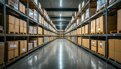Fototapeta premium A spacious warehouse filled with neatly stacked cardboard boxes on shelves, reflecting a well-organized storage environment.