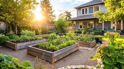 A serene backyard garden with raised beds, vibrant plants, and a beautiful sunset creating a peaceful atmosphere.