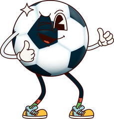 Groovy school soccer ball character showcasing a sporty and funky vibe. Isolated cartoon vector retro sport personage with happy face and thumbs up, captures the joy and excitement of football game