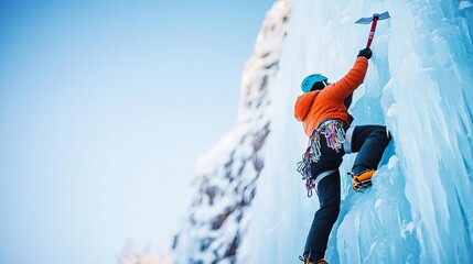 Ice climber scaling a frozen waterfall, axe mid-swing, intense focus, showcasing the thrill and danger of winter extreme sports