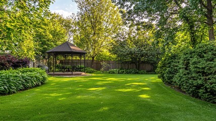 Obraz premium A serene garden featuring a gazebo surrounded by lush green grass and vibrant trees under a clear blue sky.