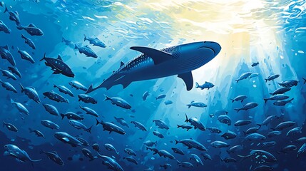 Fototapeta premium A whale shark swims through a school of fish in the ocean, with sunlight streaming down from above.