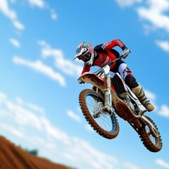 Motocross rider in mid-air jump, dirt flying, showcasing power, speed, and extreme action against a blue sky