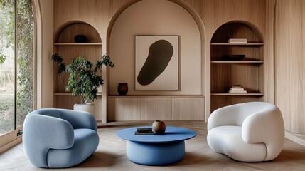 Modern minimalist living room, curved blue armchairs, round white armchair, circular blue coffee table, abstract geometric wall art, built-in wooden shelving, arched window, potted plant, light wood p