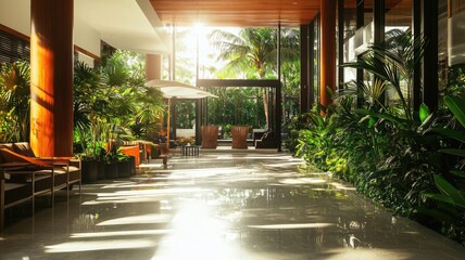 Fototapeta premium A serene indoor space featuring lush greenery, modern furnishings, and natural light creating a peaceful atmosphere.