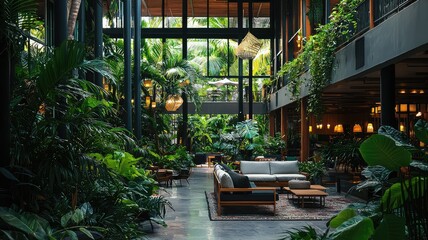 A serene indoor space filled with lush greenery, featuring elegant furniture and a tranquil atmosphere for relaxation.