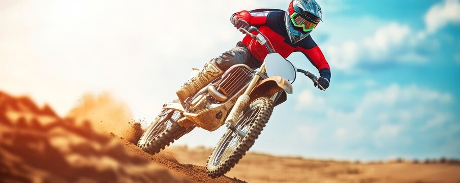 Motocross rider performing a whip, bike tilted, dirt flying, showcasing the power and excitement of extreme motor sports