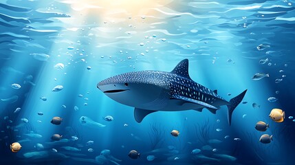 Fototapeta premium A whale shark swims in the ocean with sunlight shining down on it.