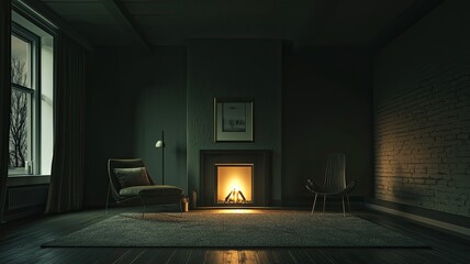 A serene interior featuring a cozy fireplace, soft lighting, and minimalist decor, perfect for evoking warmth and relaxation.