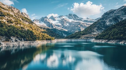 A serene landscape featuring a crystal clear lake surrounded by majestic mountains and fluffy white clouds under a bright blue sky.