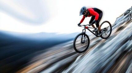 Obraz premium Mountain biker navigating a rocky trail, motion blur, showcasing speed, skill, and the thrill of extreme biking
