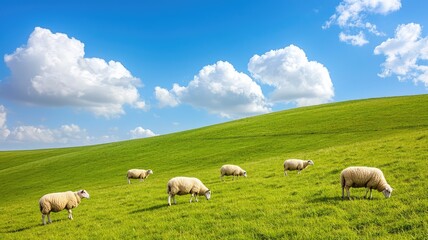 Fototapeta premium A serene landscape featuring sheep grazing on lush green grass under a bright blue sky with fluffy clouds.